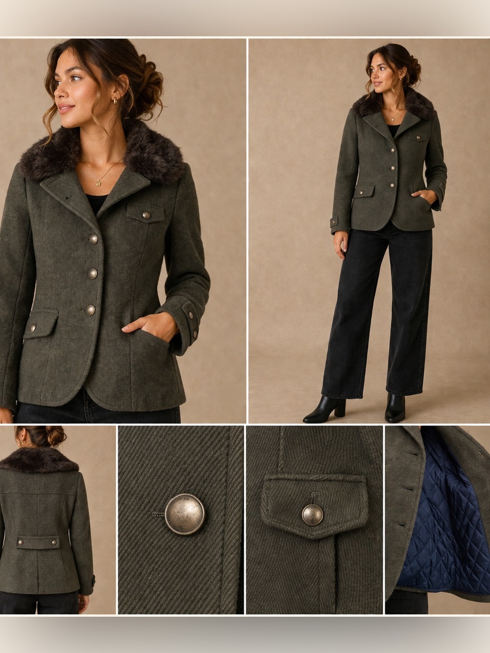 American Eagle Wool Blend Faux Fur Collar Military Jacket Green Size Medium